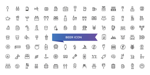 Beer icon collection. Related to pint, beer bottle, drinking, hop, brewery, beer can, craft beer, pub and more. Vector Line icons set.