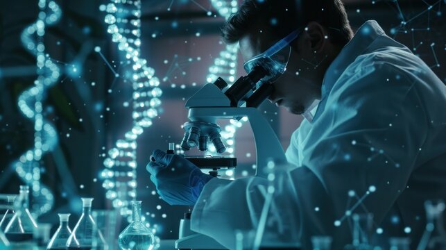 scientist man research with microscope at work laboratory Dna background futuristic