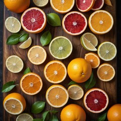 A close-up of fresh citrus fruits sliced in half, arranged on a wooden cutting board, with vibrant colors and textures.