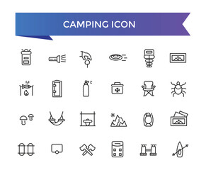 Camping icon collection. Camp, tent, fishing, nature, picnic table, forest, campfire, hiking and more. Vector Line icons set.