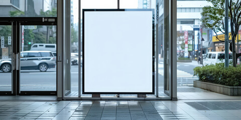 Modern building entrance with white blank advertisement boards positioned beside glass walls. The urban setting features a busy street view, providing an ideal location for advertisements..