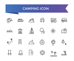 Camping icon collection. Camp, tent, fishing, nature, picnic table, forest, campfire, hiking and more. Vector Line icons set.