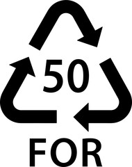 organic recycling code FOR 50, wood symbol, ecology recycling sign, identification code, furniture, chopping boards, brooms, pencils, cocktail sticks, wooden spoons material, black fill icon