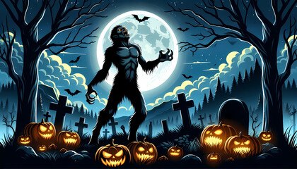 Halloween werewolf with graveyard theme