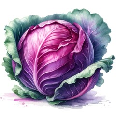 Obraz premium A detailed watercolor illustration of a head of red cabbage with deep purple leaves, partially unfurled, isolated on a white background.