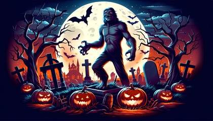 Halloween werewolf with graveyard theme