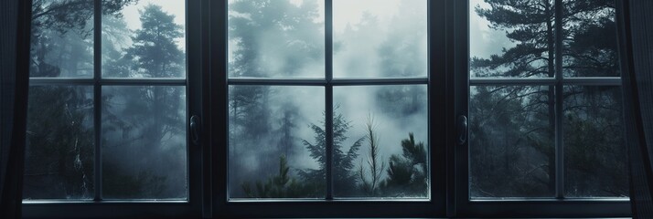 A beautifully eerie scene depicting a foggy forest as seen through a multi-panel window frame, evoking a sense of calm and mystery in the natural world outside.