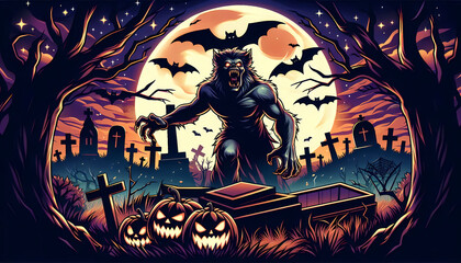 Halloween werewolf with graveyard theme