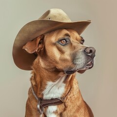Brown and tan dog with cowboy hat, facing side