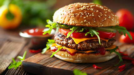 Tasty hamburger with patties cheese and vegetables on