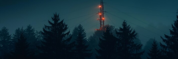 Obraz premium A tall antenna tower with red lights radiates through the mist, emerging from a forest of dark evergreen trees, creating an atmosphere of quiet solitude and mystery.