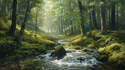 A serene woodland stream winding its way through a peaceful forest, Generative AI