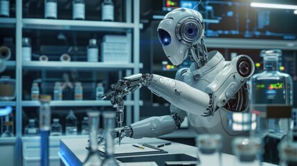 Fototapeta premium Cyborg man intelligent scientist working on industrial robot production in laboratory office