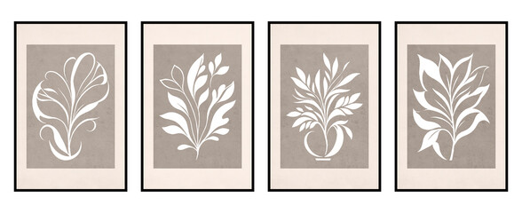 Set of 4 Printable botanical illustration. Rustic style home decor, wall decoration, picture in the frame. Grunge, vintage illustration. Generated by Ai