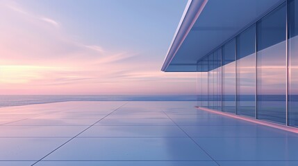 Fototapeta premium A modern minimalist building with large windows overlooking the ocean at sunset, with blue and purple tones, closeup of an empty flat roof