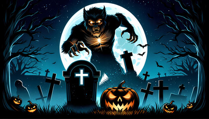 Halloween werewolf with graveyard theme