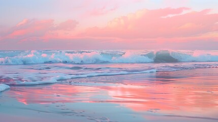 Breathtaking pastel sunset over the serene Mediterranean coastline with gentle waves and soft reflections on the golden sand