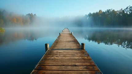 A wooden dock stretching out over a tranquil lake, with mist rising off the water in the early morning light, Generative AI