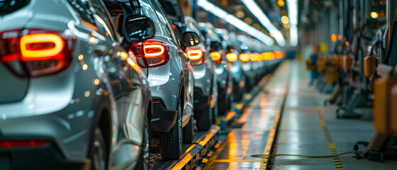 Fototapeta premium A row of new cars with glowing lights in a car factory