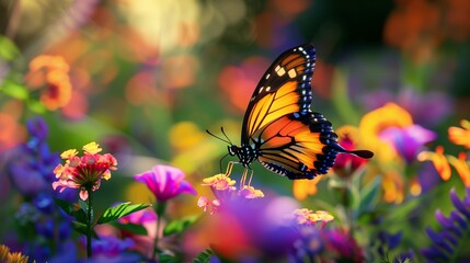 Naklejka premium A vibrant butterfly hovering over a colorful flower garden.