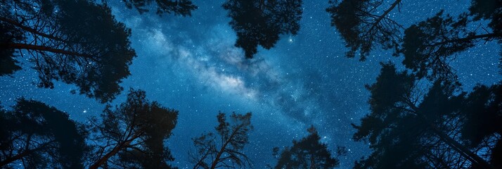 A magnificent shot of the Milky Way framed by silhouettes of trees, taken during a clear night sky. Elicits feelings of wonder and exploration. Perfect for cosmic themes.
