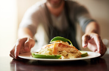 Restaurant, customer service of hands or waiter with pasta meal, offer or gourmet brunch dish. Hotel, hospitality or man server with plate presentation for catering, fast food and health or nutrition