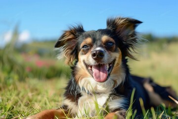 Lying dog enjoying the sun in the grass