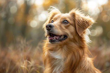 Obraz premium Golden dog with fluffy coat looking up