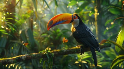 A vibrant image of a toucan perched on a branch in the jungle.