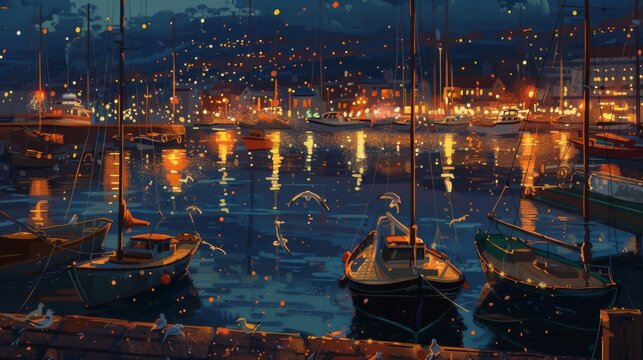 brightly lit yachts moored on the docks overlooking the harbour, city lights in the background, night light, twilight, ocean, seagulls in the style of Nigel Van Wreck 