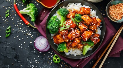 Tsos chicken with rice onions and broccoli on the table horizontal view from above : Generative AI