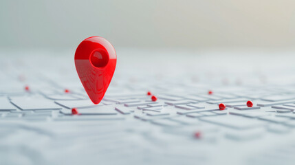 Fototapeta premium A large red pin stands out on a map with many smaller red pins scattered around it.