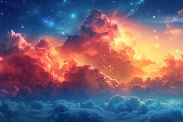 Naklejka premium A watercolor painting of a stunning night sky with clouds illuminated by a vibrant sunset