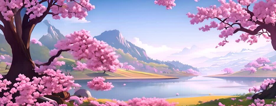 spring background in cartoon style. Pink and purple sakura, cherry, magnolia in bloom. Asian horizontal landscape with lake, hills, trees and flowers. Banner with copy space. 4K Video