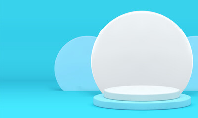 3d white podium pedestal blue showroom for presentation realistic vector illustration