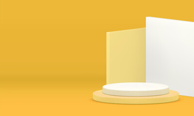 3d yellow showcase podium pedestal with angle wall background realistic vector illustration