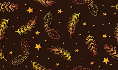 Luxury gold leaves and nature dark vintage background. Floral seamless pattern. line art.