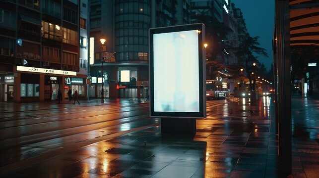 blank advertisement billboard at night city, mockup of white ad board, empty banner citylight
