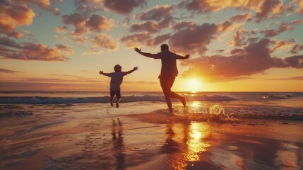 Fototapeta premium Father And His Child Enjoying The Beach Playing In The Ocean At Sunset, Father's Day