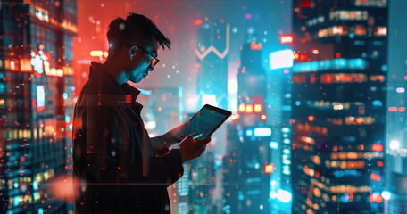 young successful businessman person using phone at futuristic tech city background, man and digital communication overlay concept 