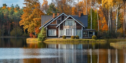 Fototapeta premium A beautiful lakeside house surrounded by vibrant autumn-colored trees reflecting on the calm water, evoking a sense of peace, tranquility, and natural beauty.