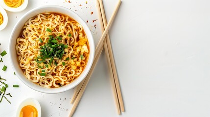 Top view japanese ramen noodle on white background : Generative AI