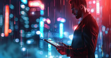 young successful businessman person using phone at futuristic tech city background, man and digital communication overlay concept 