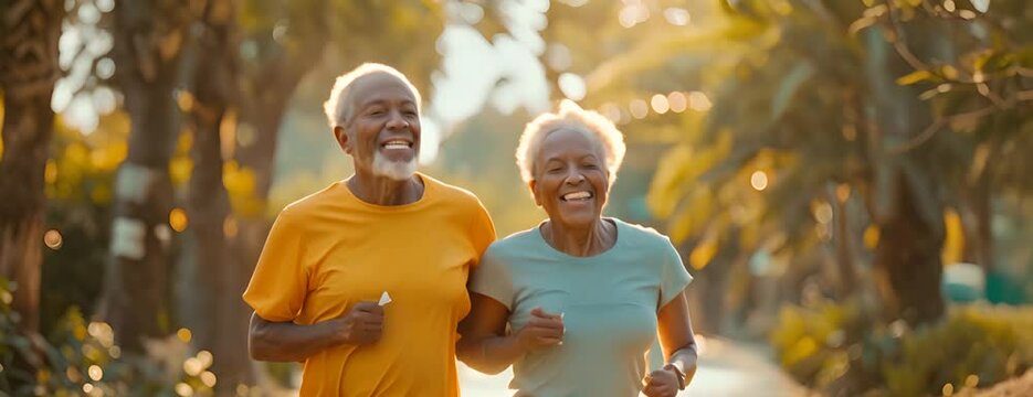 Happy active senior african couple jogging at street. 4K Video