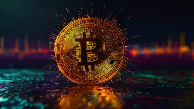 A glowing gold Bitcoin sits in the center of the image, with a dark background that has a green circuit board pattern.
