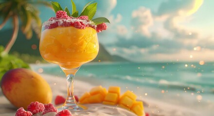 Tropical mango drink with fresh fruit garnish on sunny shore. Exotic mangonada topped with raspberry cocktail served on sandy tropical beach. Sunset beach drink scene with a sparkling mango margarita
