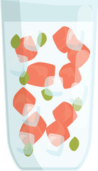 Glass of water with ice and pieces of salmon and herbs for healthy meal during break at office