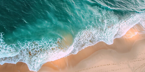Obraz premium Surf line on a sandy beach. Footprints on a wet sand. Sandy beach, ocean or sea shore. Aerial view directly above
