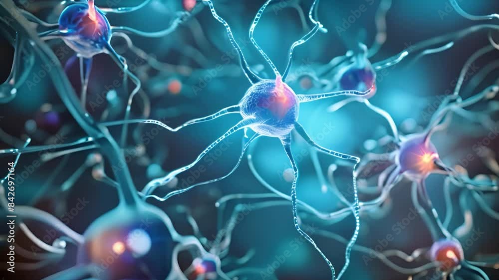 Poster a microscopic view of nerve cells, showing their intricate structure and interconnectedness.
