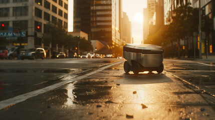 Obraz premium Efficient Urban Logistics: AI-Powered Autonomous Delivery Robot Navigating City Streets